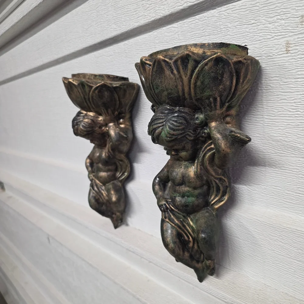Vtg Inarco Cherub Wall Pocket Set Gold Winged Angel Planter light weight patina